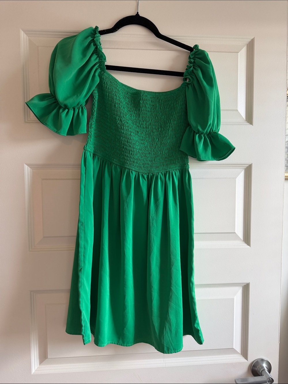 Amazon Green Puff-Sleeve Smocked Midi Dress